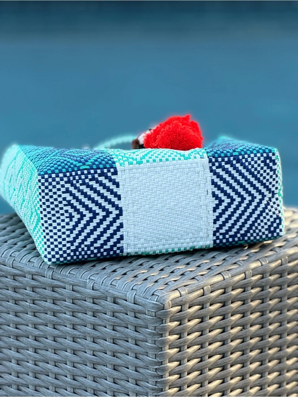 Handwoven Blue & Teal Diamond Tote Bag with Red Tassel Charm